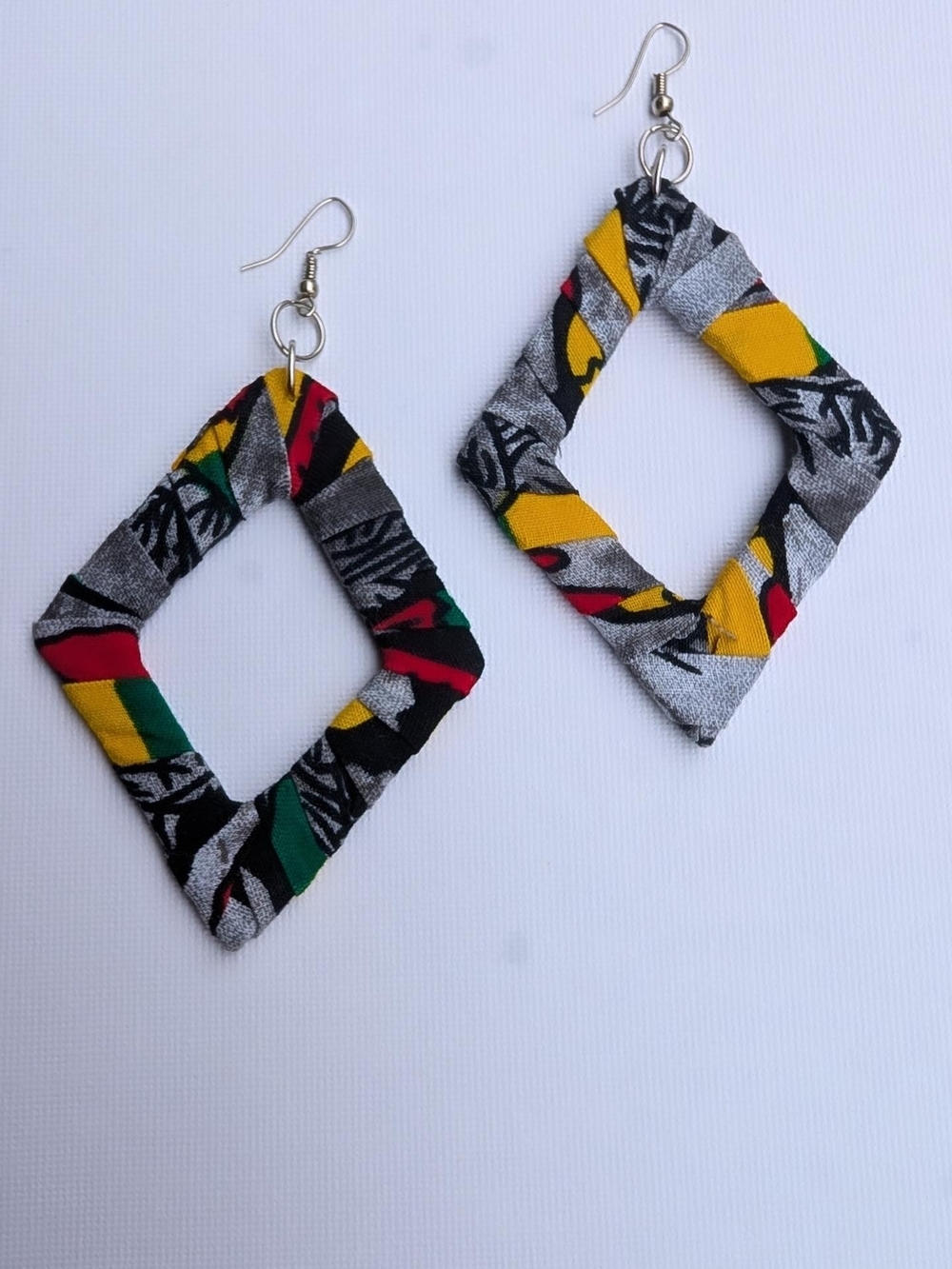 Handmade Multicolor Geometric Fabric Earrings - Yellow, Red, Green